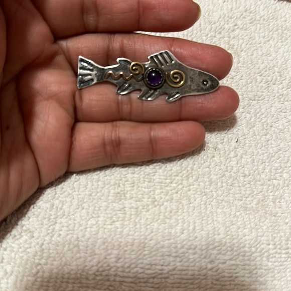 Jewelry - Vintage Artissan Made Sterling Silver Amethyst Fish Pin/ Pendant